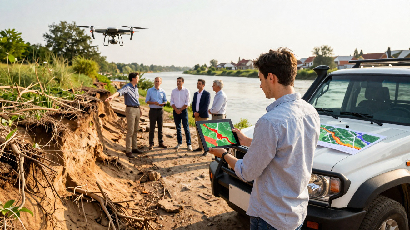 Homem controla drone para inspecionar erosão perto de rio, enquanto grupo observa e mapas estão sobre carro.