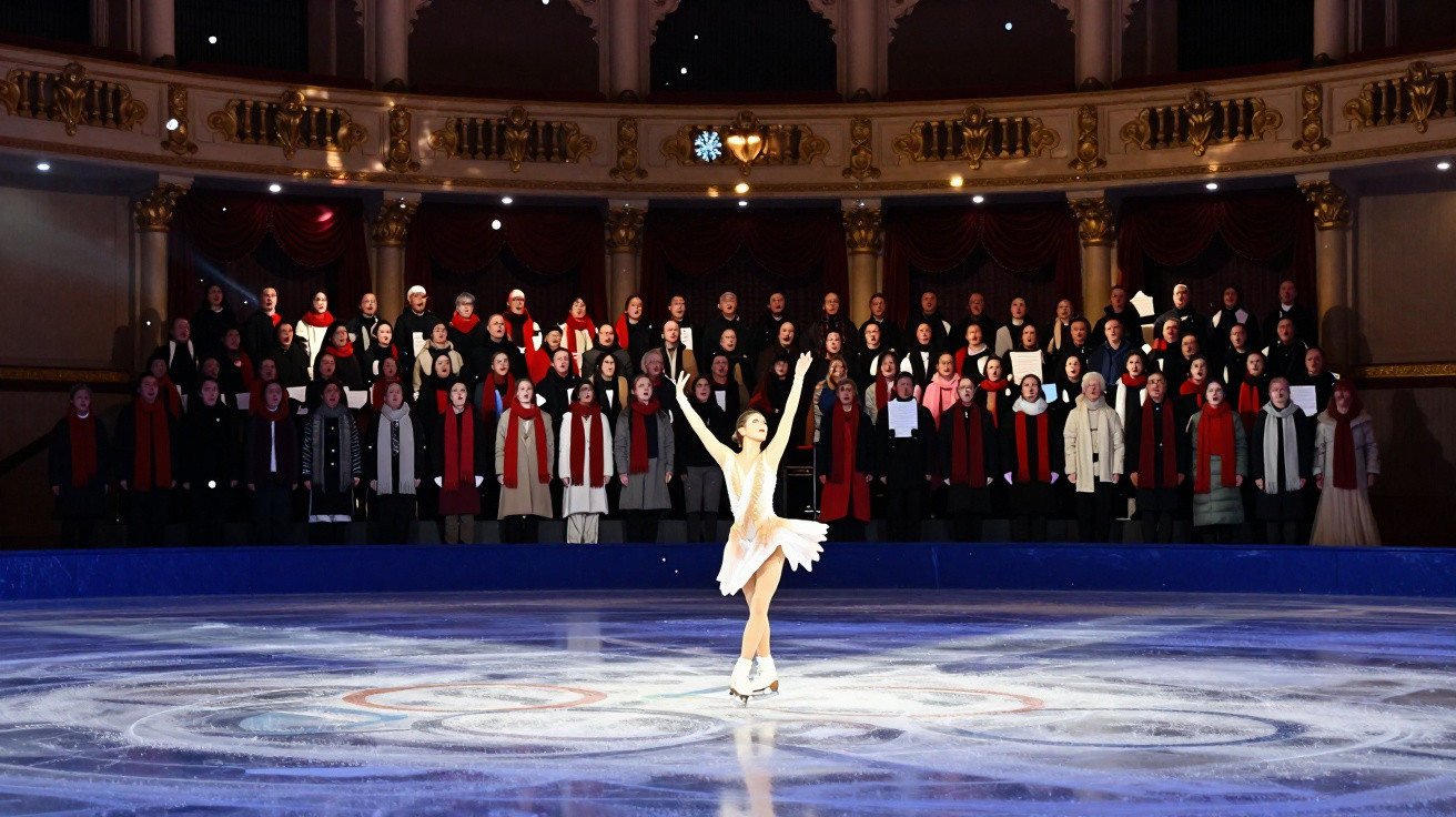 Patinadora artística em palco de gelo com coro vestido a rigor num teatro clássico ao fundo.