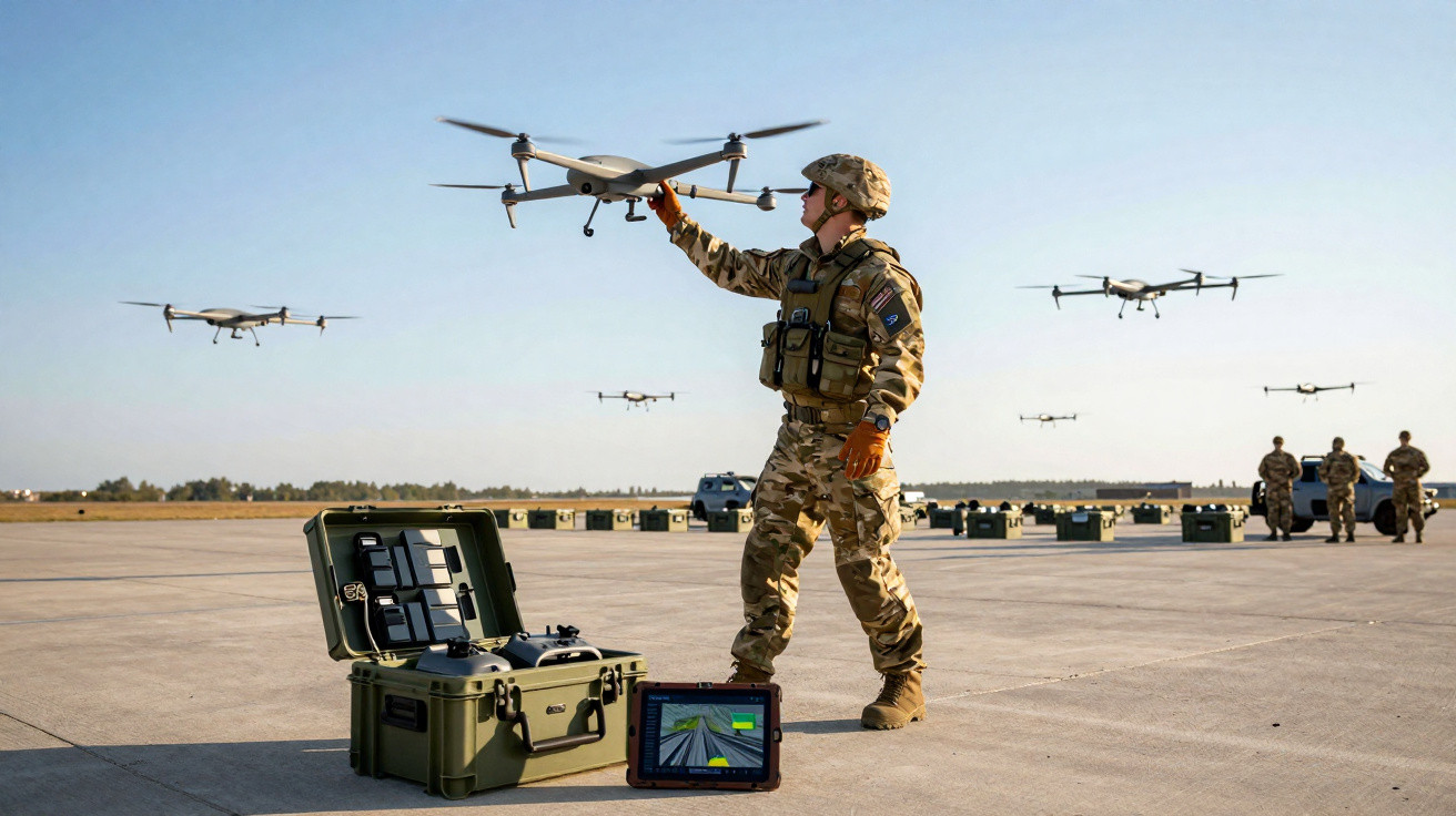 Militar em uniforme camuflado pousa drone num campo aberto com vários drones a voar ao fundo.