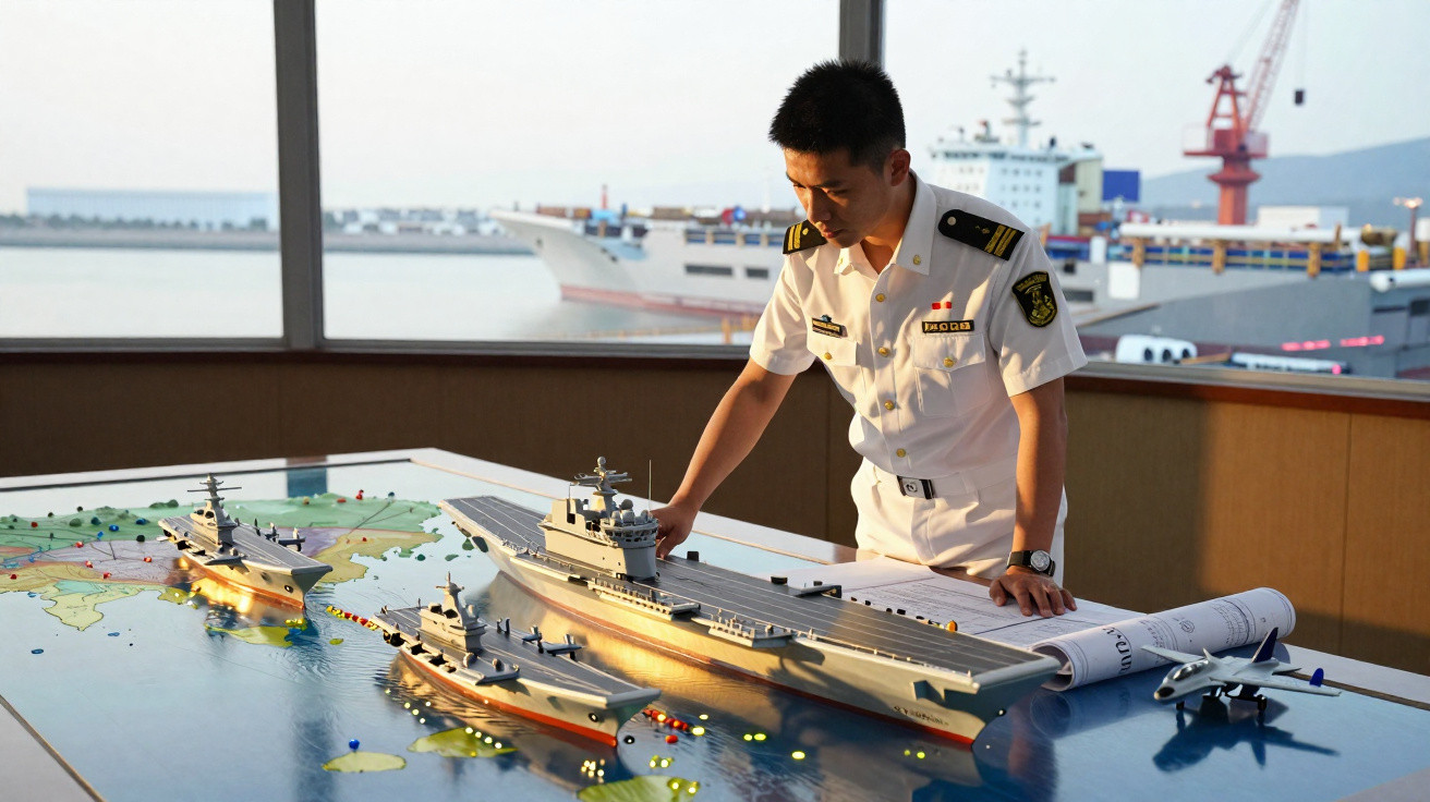 Homem em uniforme naval analisa maquetes de navios de guerra sobre mapa marítimo numa sala com vista para o porto.