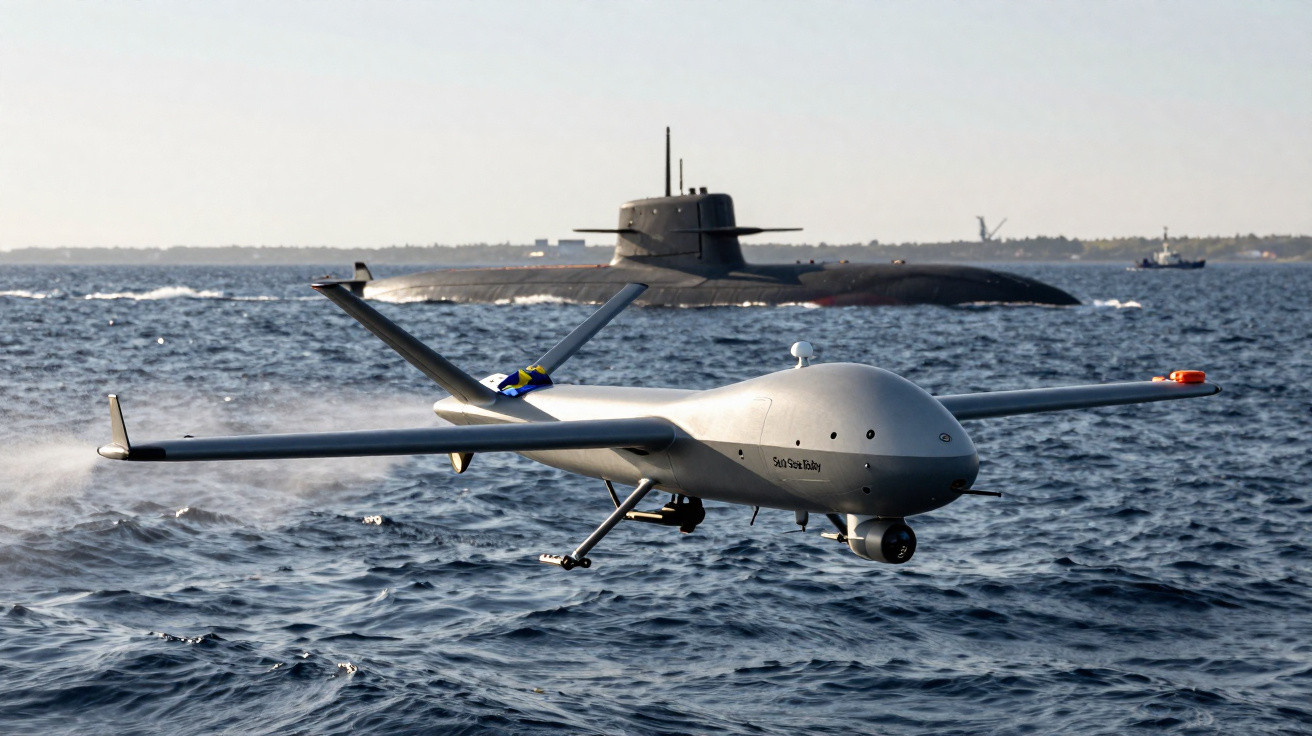 Drone militar de vigilância voando sobre o mar com submarino ao fundo numa paisagem costeira.