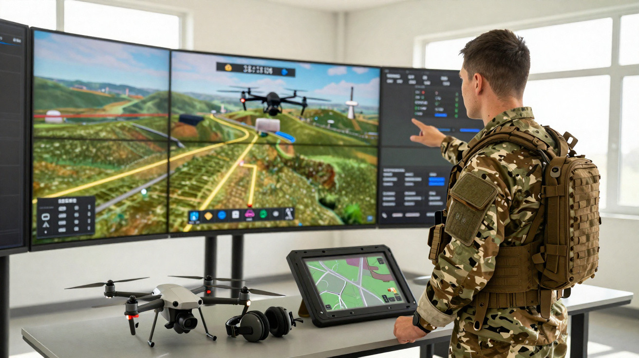 Militar em uniforme camuflado opera e monitora drones em multi-ecrãs com mapa e dados de voo numa sala iluminada.