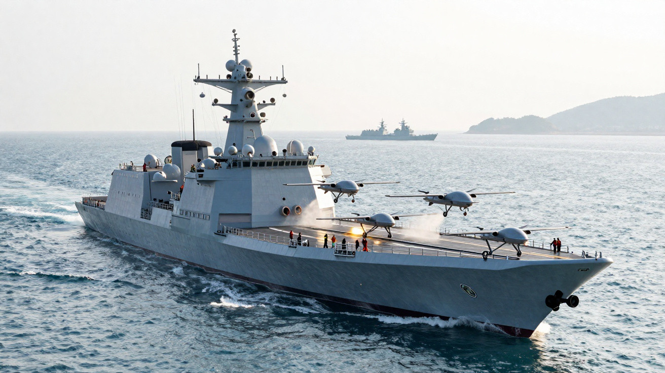 Navio militar em mar aberto com três drones aéreos prontos para descolagem na proa.