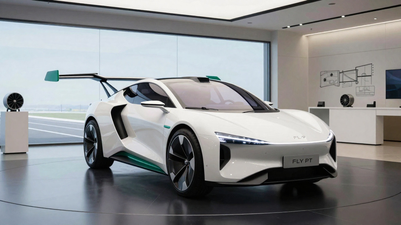 Carro desportivo elétrico branco com detalhes verdes exposto num salão moderno e minimalista.
