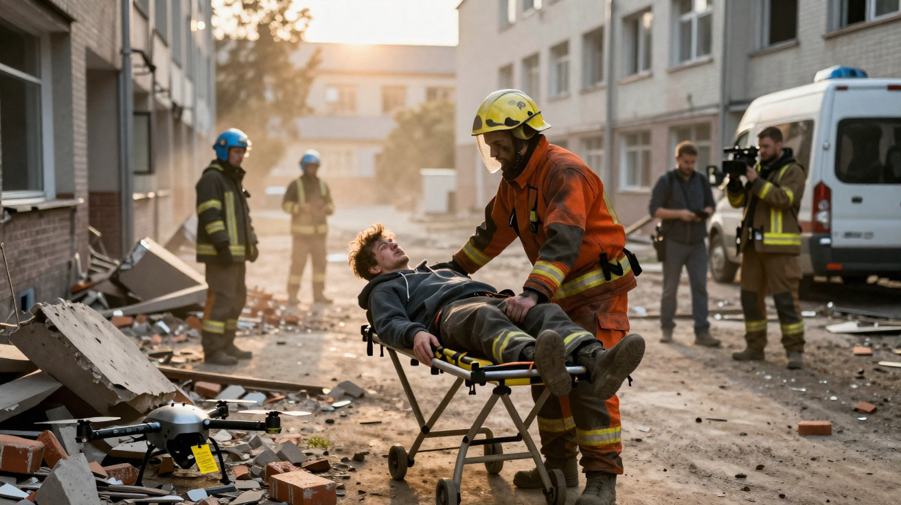 Bombeiro a transportar pessoa ferida numa ambulância, com escombros e socorristas ao fundo após desastre.