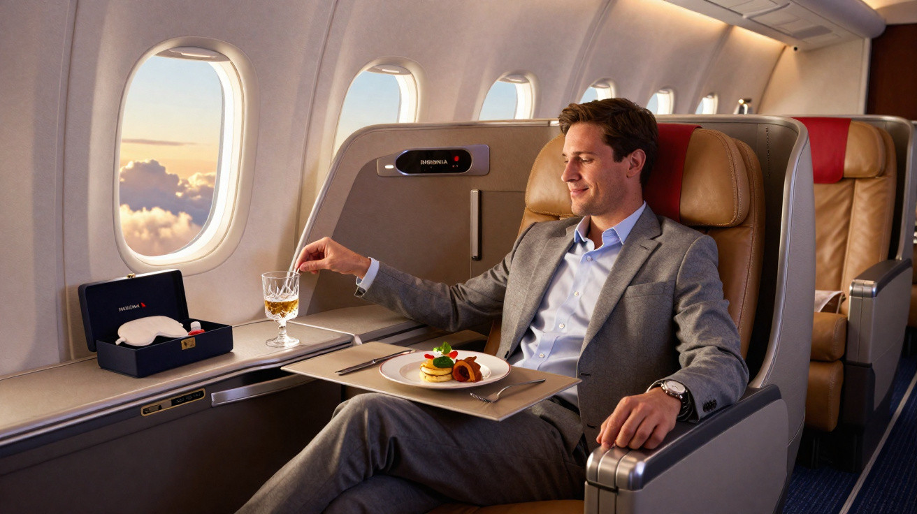 Homem vestido formalmente sentado em cadeira de avião de primeira classe com refeição e bebida à sua frente.