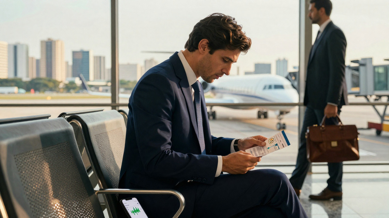 Homem de fato sentado numa cadeira no aeroporto a ler documentos, com avião visível ao fundo.