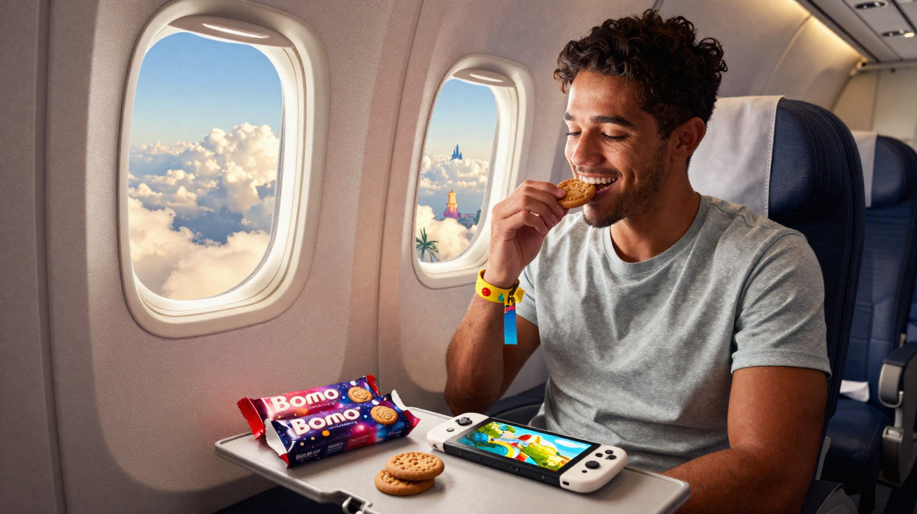 Homem sentado num avião a comer bolacha, com consola portátil e pacotes de bolachas sobre a mesa.