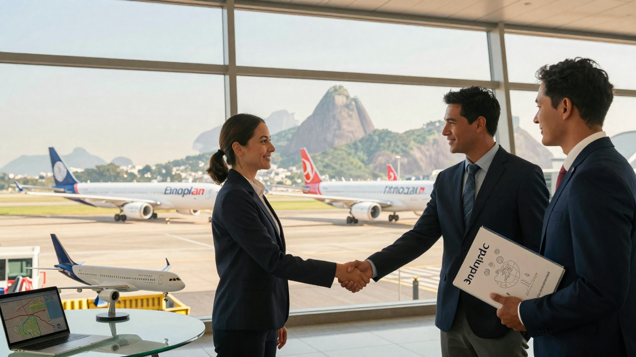 Três profissionais de negócios a cumprimentar-se num aeroporto, com janelas grandes e aviões ao fundo.