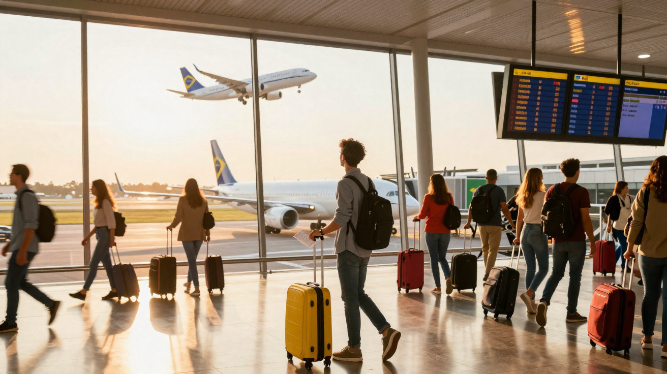 Passageiros com malas no aeroporto observam avião a descolar ao pôr do sol junto a grandes janelas.