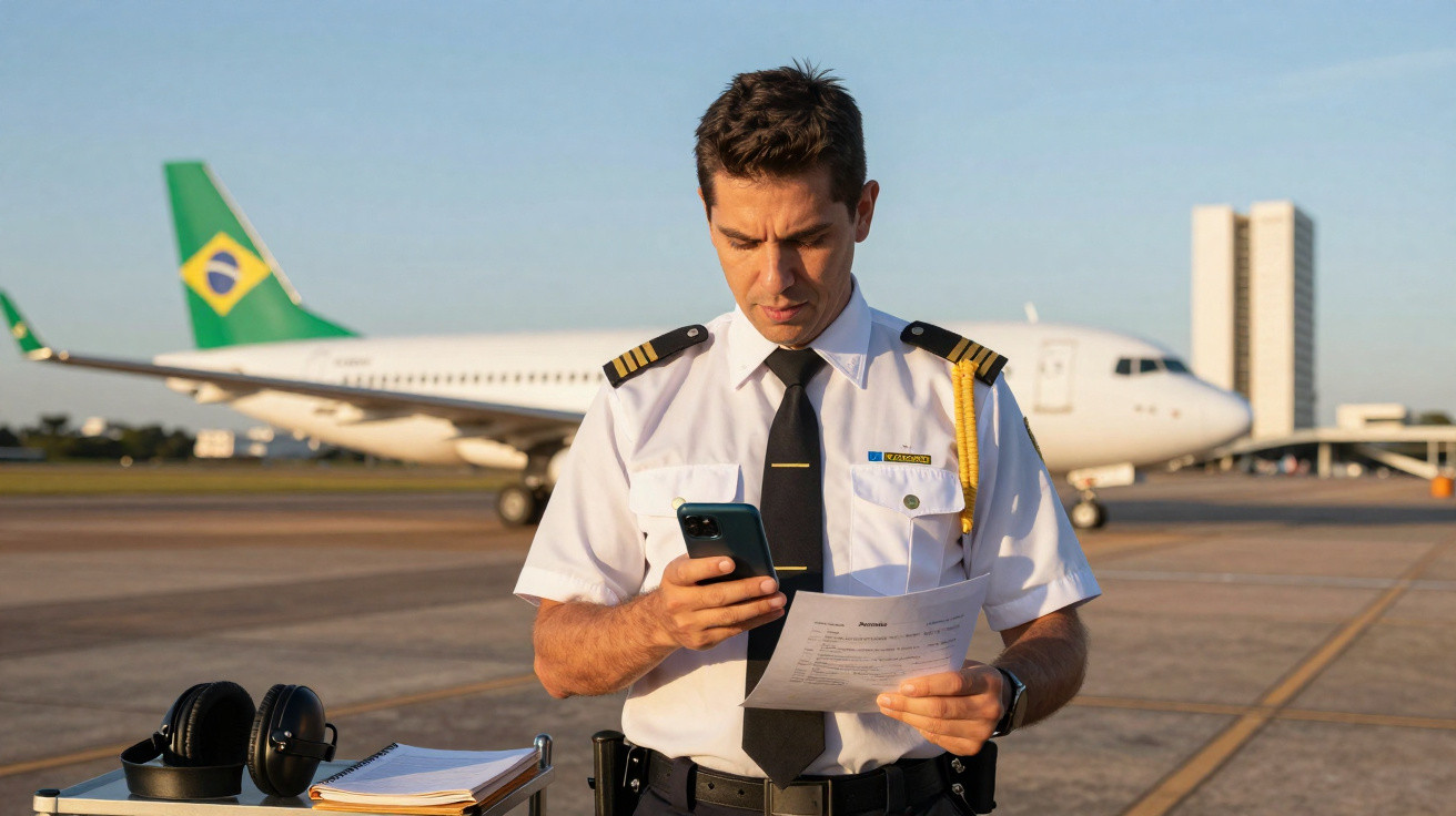Piloto brasileiro em uniforma branco lê documentos no aeroporto, com avião ao fundo e fones na mesa ao lado.