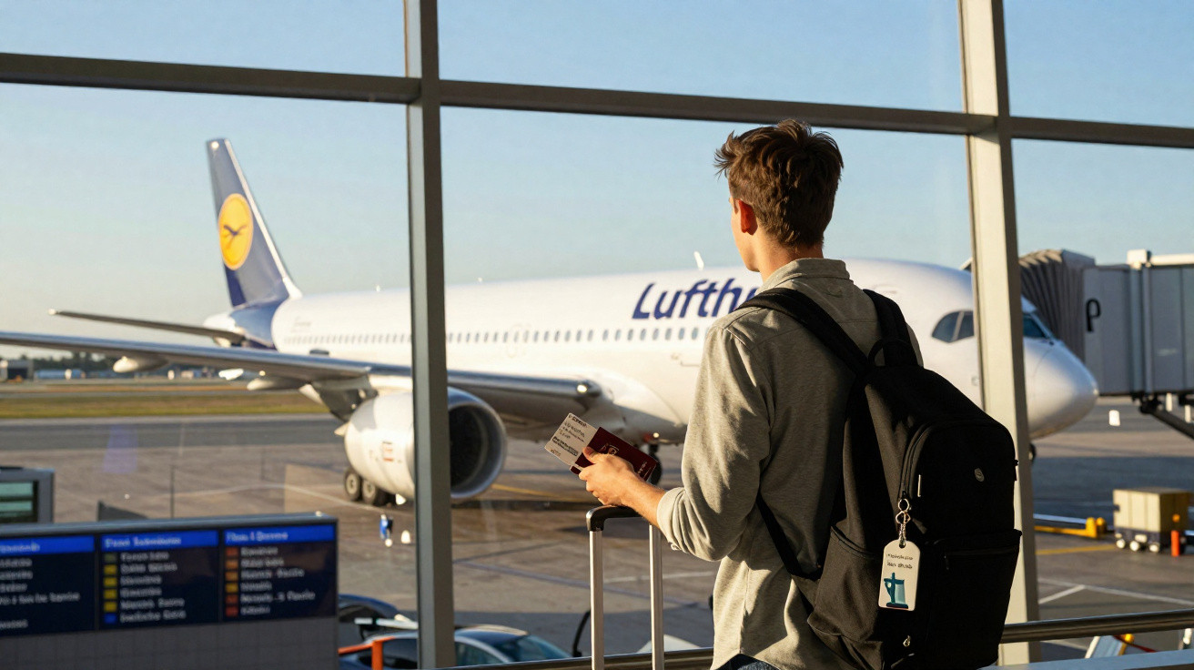 Jovem com mochila e bilhete observa avião da Lufthansa na porta de embarque do aeroporto.