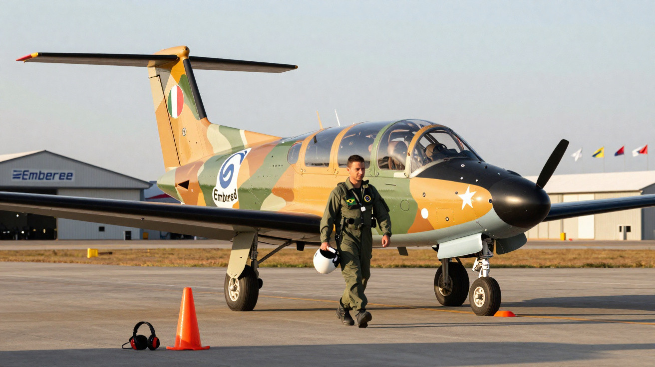 Piloto militar camuflado caminha na pista junto a avião de treino com pintura camuflada.