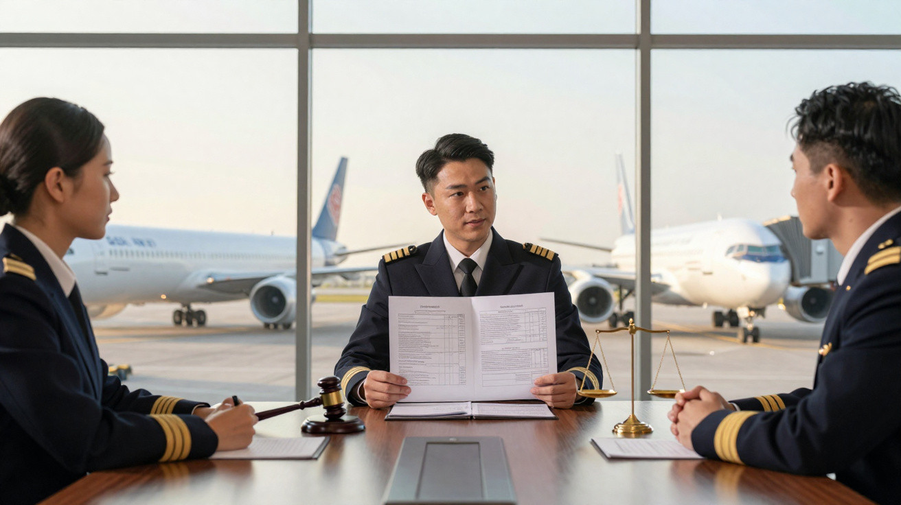 Três pilotos em reunião à mesa com documentos e aviões ao fundo no aeroporto.