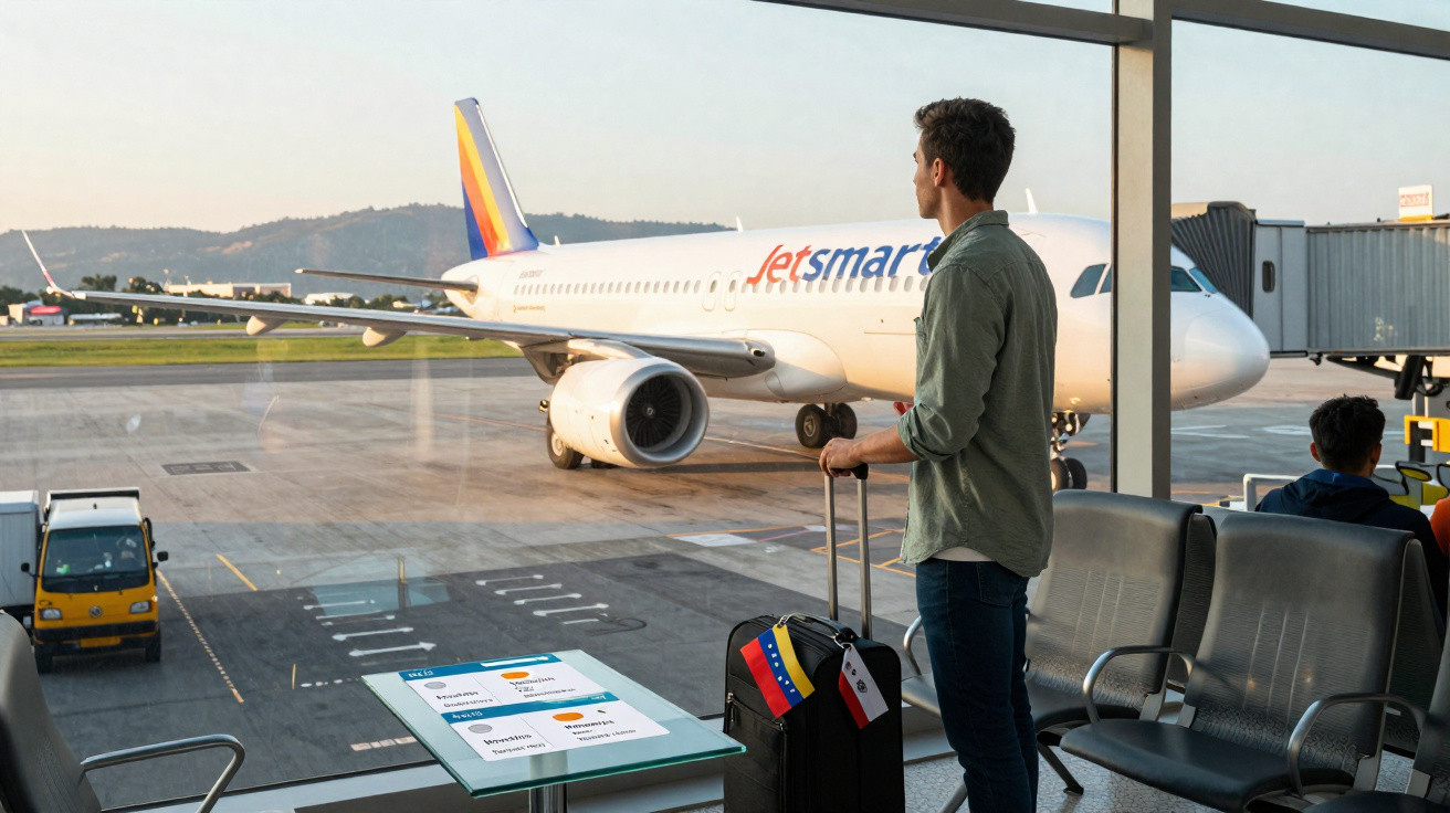 Jovem de pé com mala e bandeiras observa avião da JetSmart na sala de embarque de aeroporto ao pôr do sol.