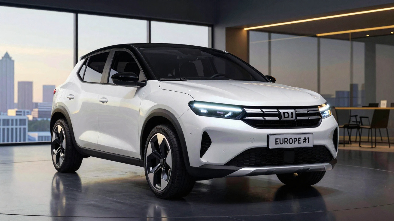 SUV branco moderno estacionado em interior com janela panorâmica e vista urbana ao fundo.