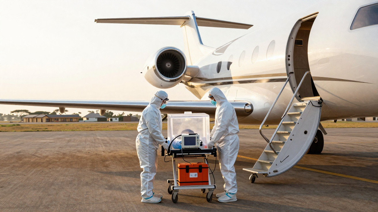 Dois profissionais de saúde em fatos de proteção a transportar paciente em cápsula de isolamento junto a avião privado.