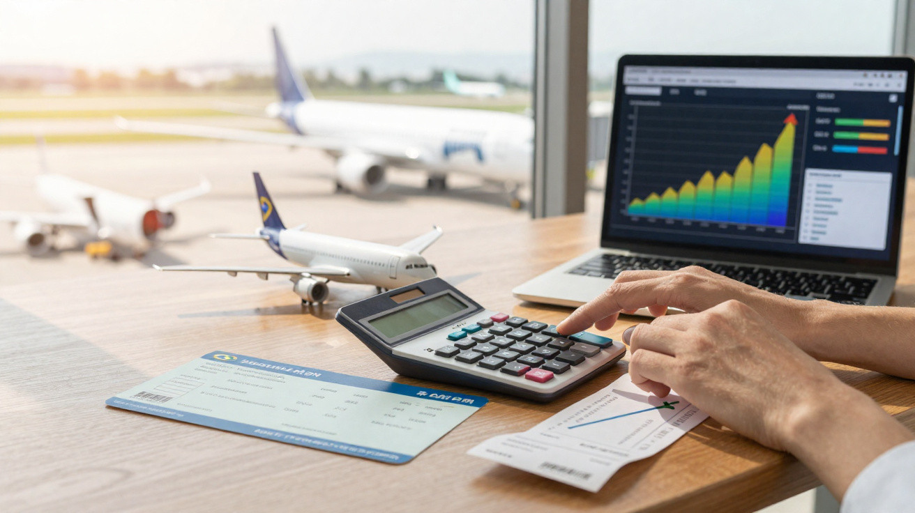 Pessoa a calcular custos de voos com calculadora, laptop e bilhetes, modelo de avião em primeiro plano.