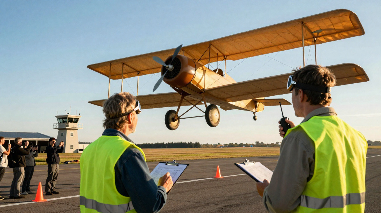 Dois técnicos com coletes amarelos inspecionam um avião biplano a levantar voo num aeroporto ao entardecer.