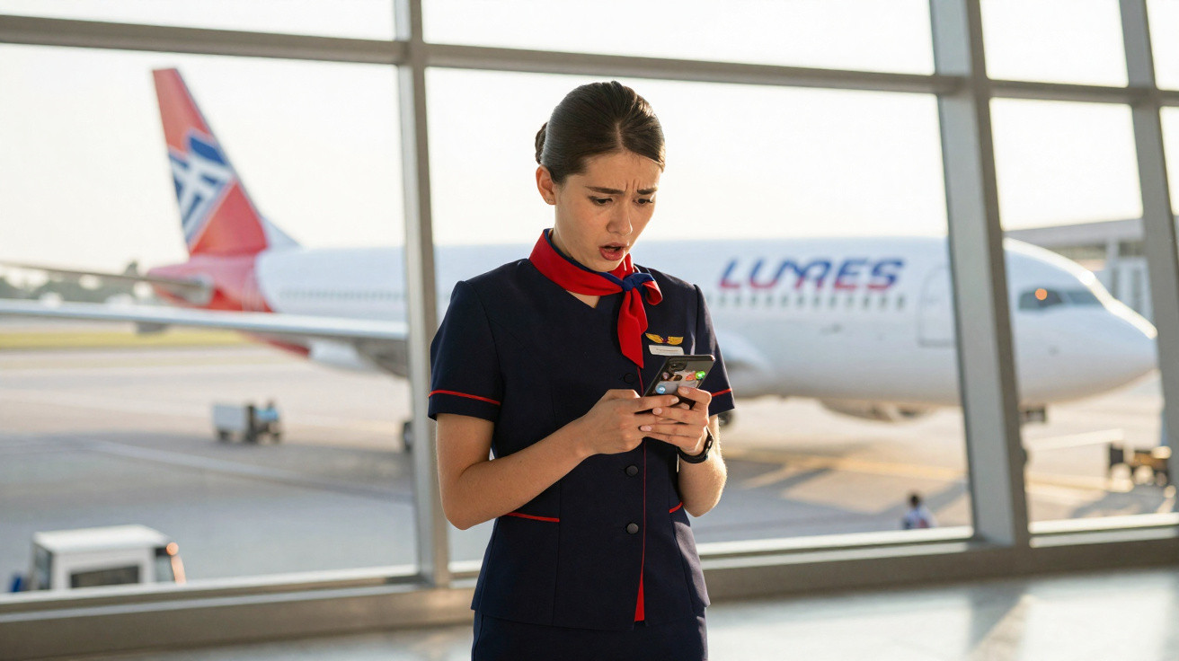 Funcionária de companhia aérea com uniforme azul e lenço vermelho, preocupada ao olhar para o telemóvel no aeroporto.