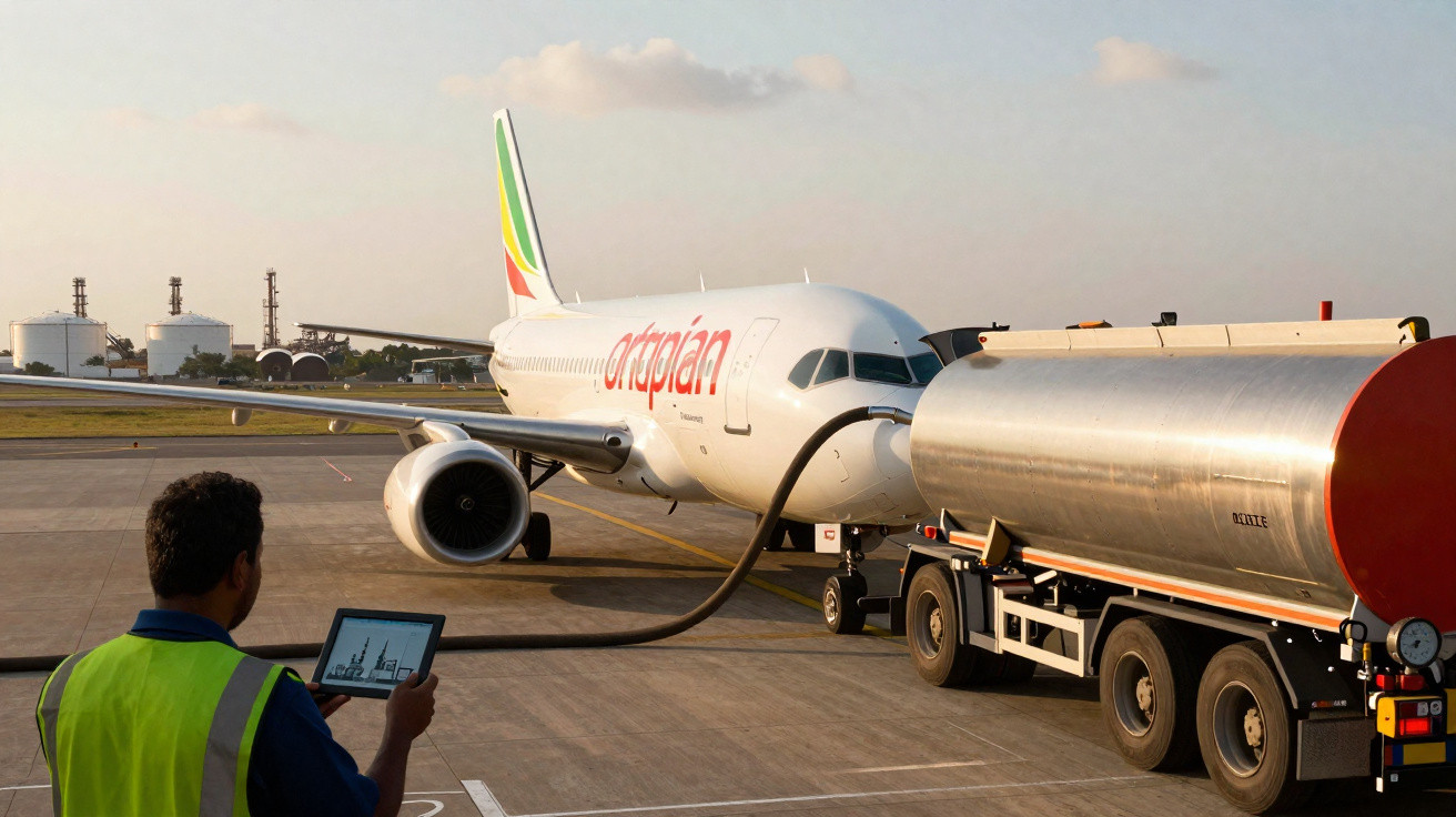 Avião da companhia aérea Ethiopian a ser abastecido de combustível junto a camião cisterna no aeroporto.