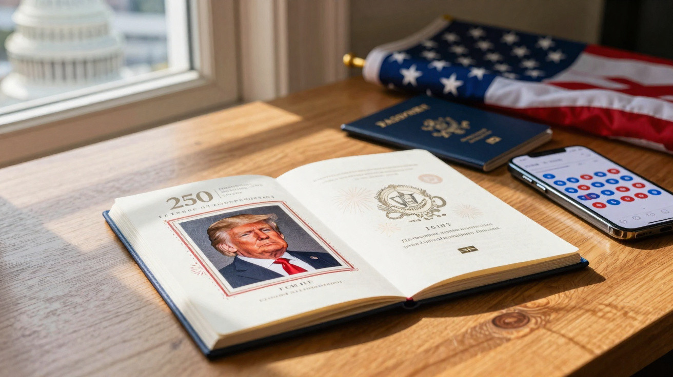 Mesa de madeira com livro aberto sobre Donald Trump, passaporte, telemóvel e bandeira dos EUA desfocados.