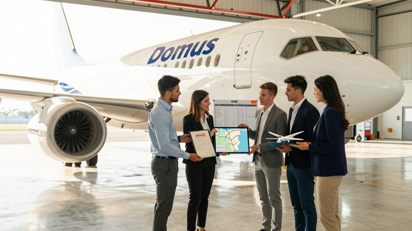 Quatro pessoas em frente a um avião Domus numa hangar, mostrando documentos e modelo em miniatura de avião.