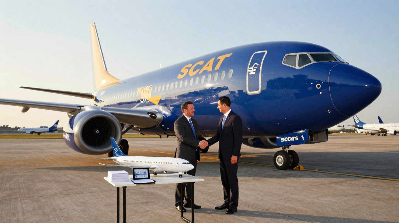 Dois homens de fato apertam as mãos à frente de um avião azul e amarelo da companhia SCAT no aeroporto.