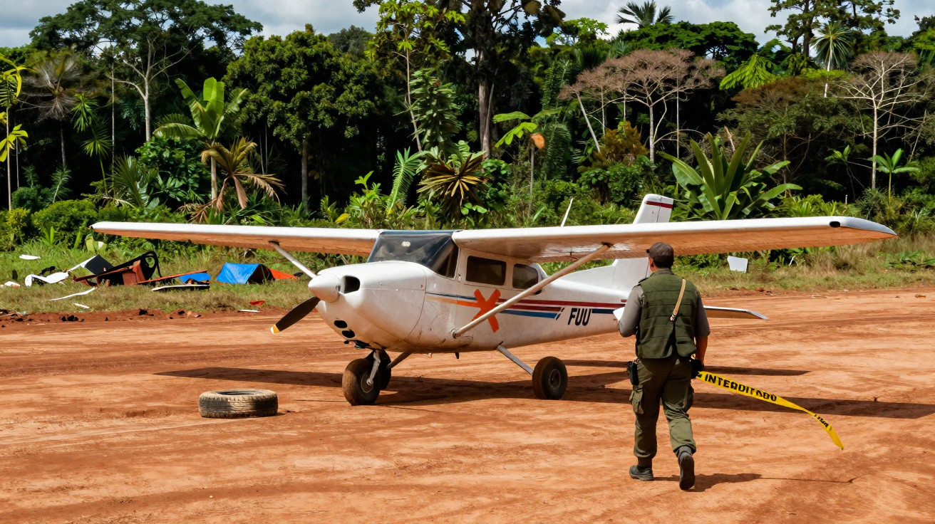 Avião pequeno branco estacionado em pista de terra com guarda a aproximar-se em área florestal.