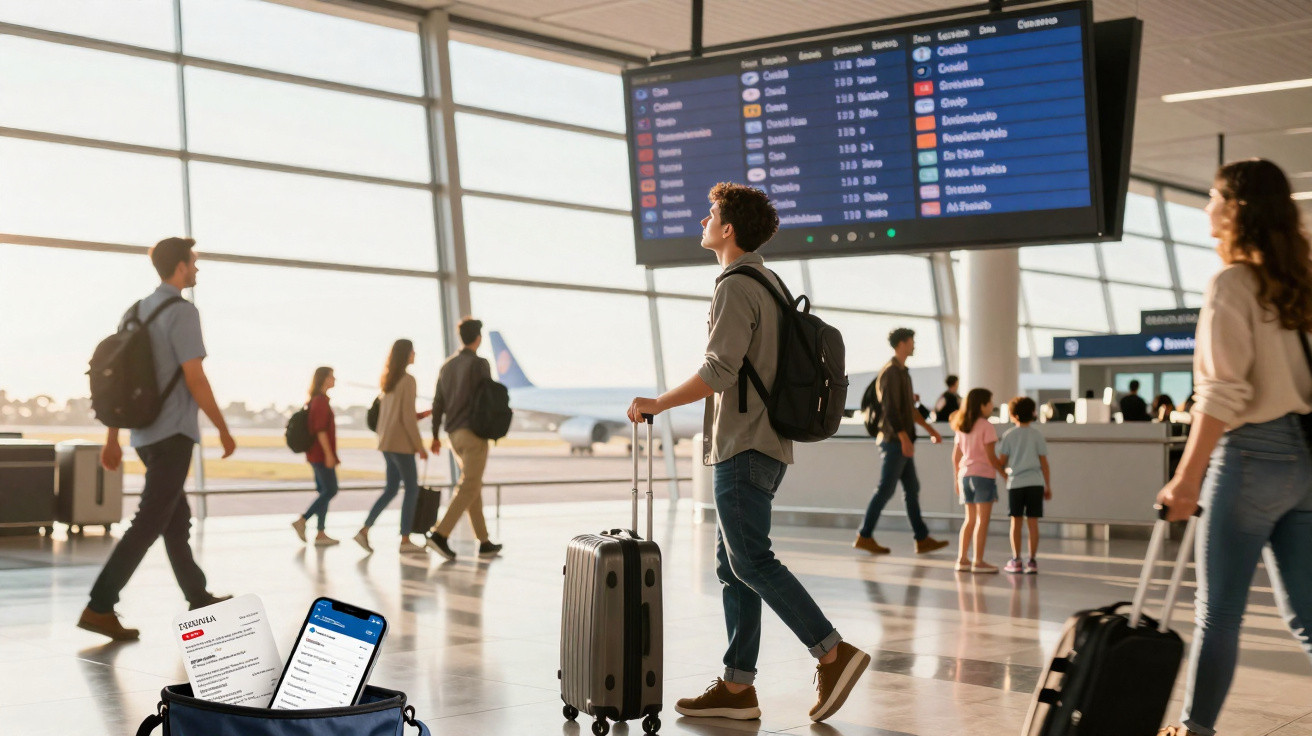 Passageiros com bagagem no aeroporto observando o painel de partidas e chegadas ao fundo.