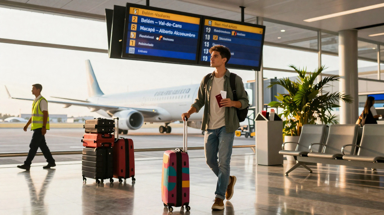 Jovem com mochila e mala colorida no aeroporto, a segurar passaporte e bilhete, com avião e painel de voos ao fundo.