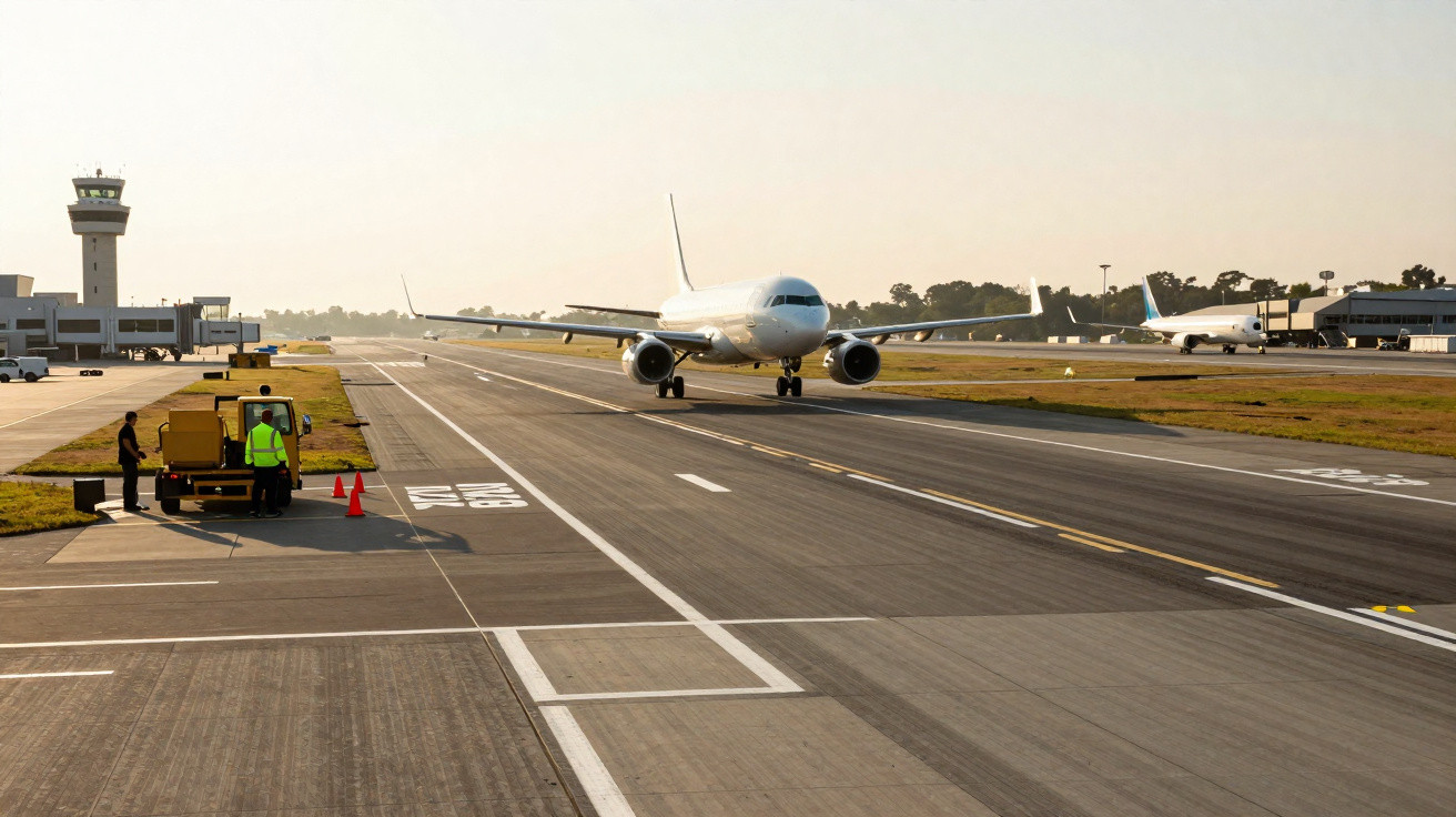 Avião branco taxiando na pista de aeroporto ao amanhecer com torre de controlo e funcionários no recuo.