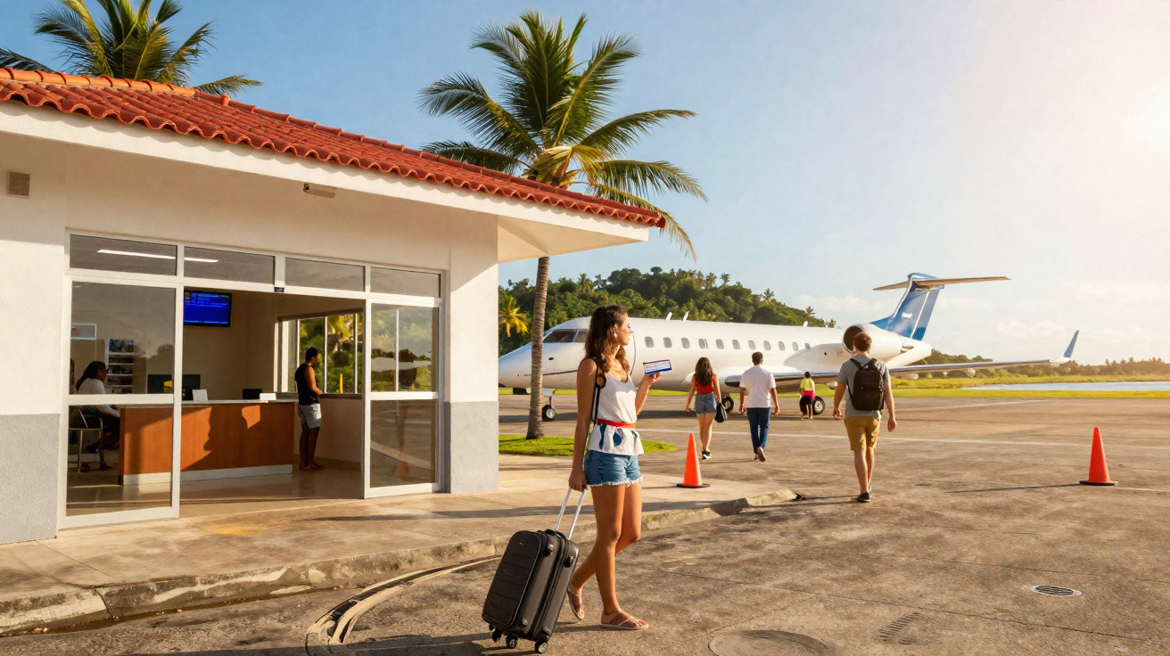 Pessoas com bagagem a caminhar para um avião pequeno numa pista sob céu limpo e palmeiras ao fundo.