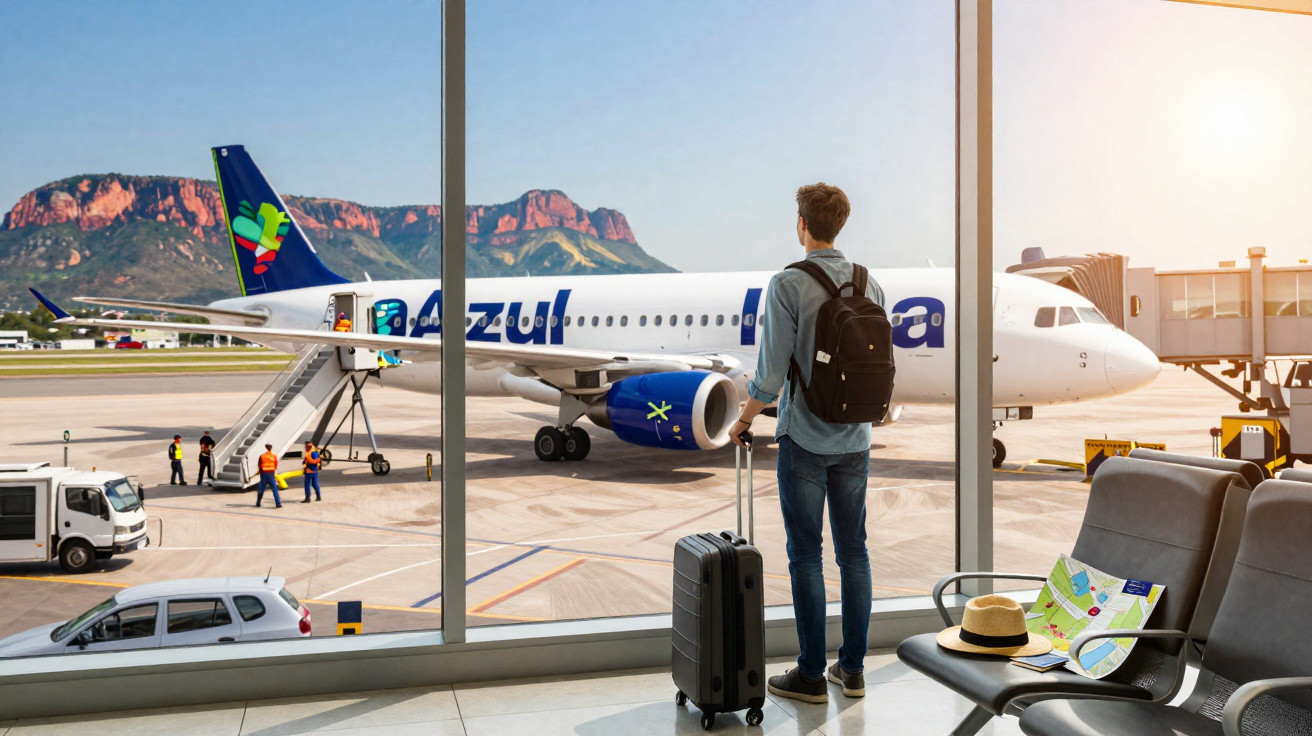 Homem com mochila e mala observa avião da Azul estacionado na pista do aeroporto com montanhas ao fundo.