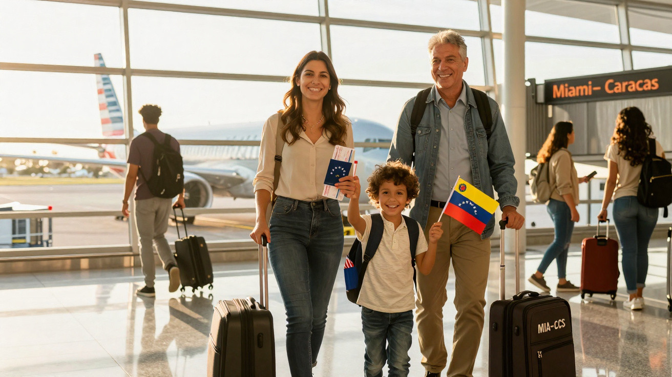 Família feliz no aeroporto com malas e bilhetes, prestes a embarcar num voo Miami-Caracas.