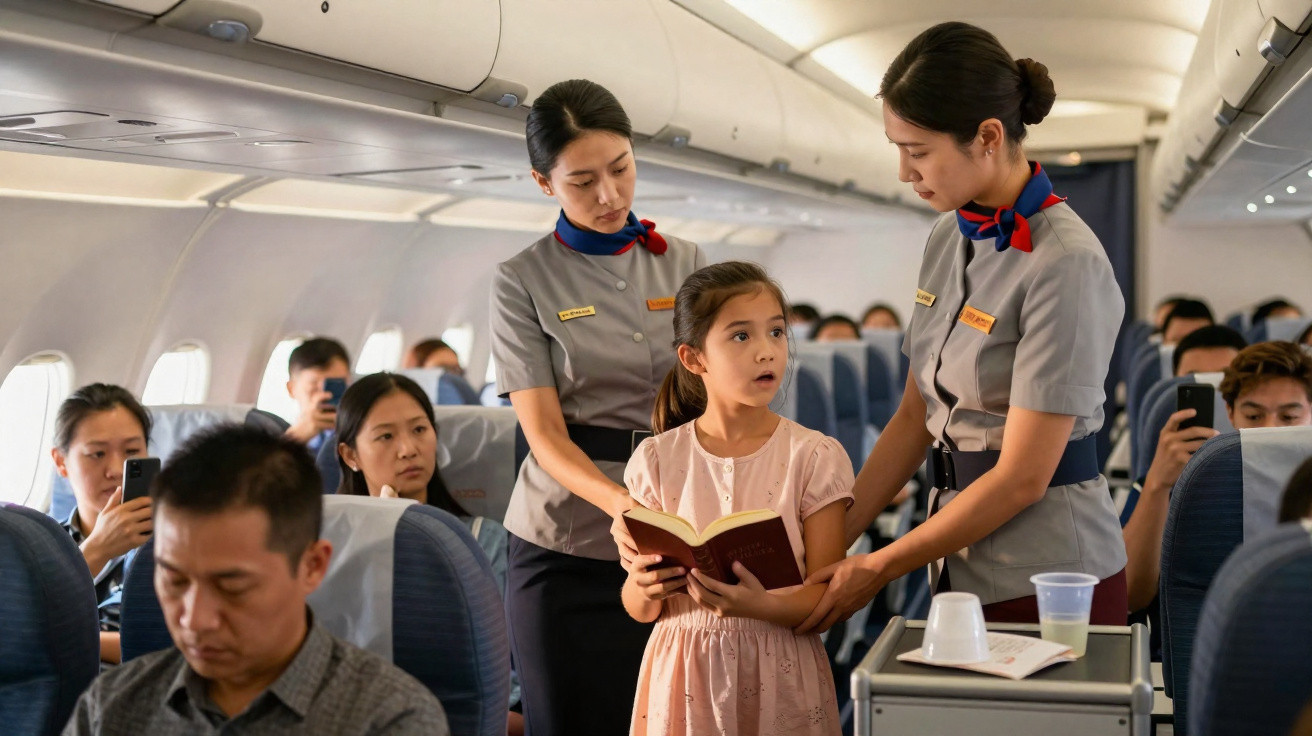 Menina a ler livro assistida por duas comissárias de bordo dentro de avião, enquanto passageiros estão sentados.