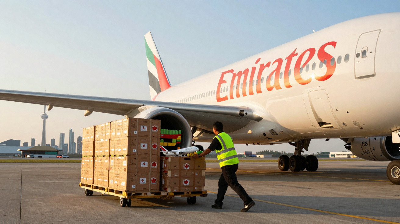 Funcionário a empurrar cargas em carrinho perto de avião Emirates estacionado no aeroporto ao pôr do sol.
