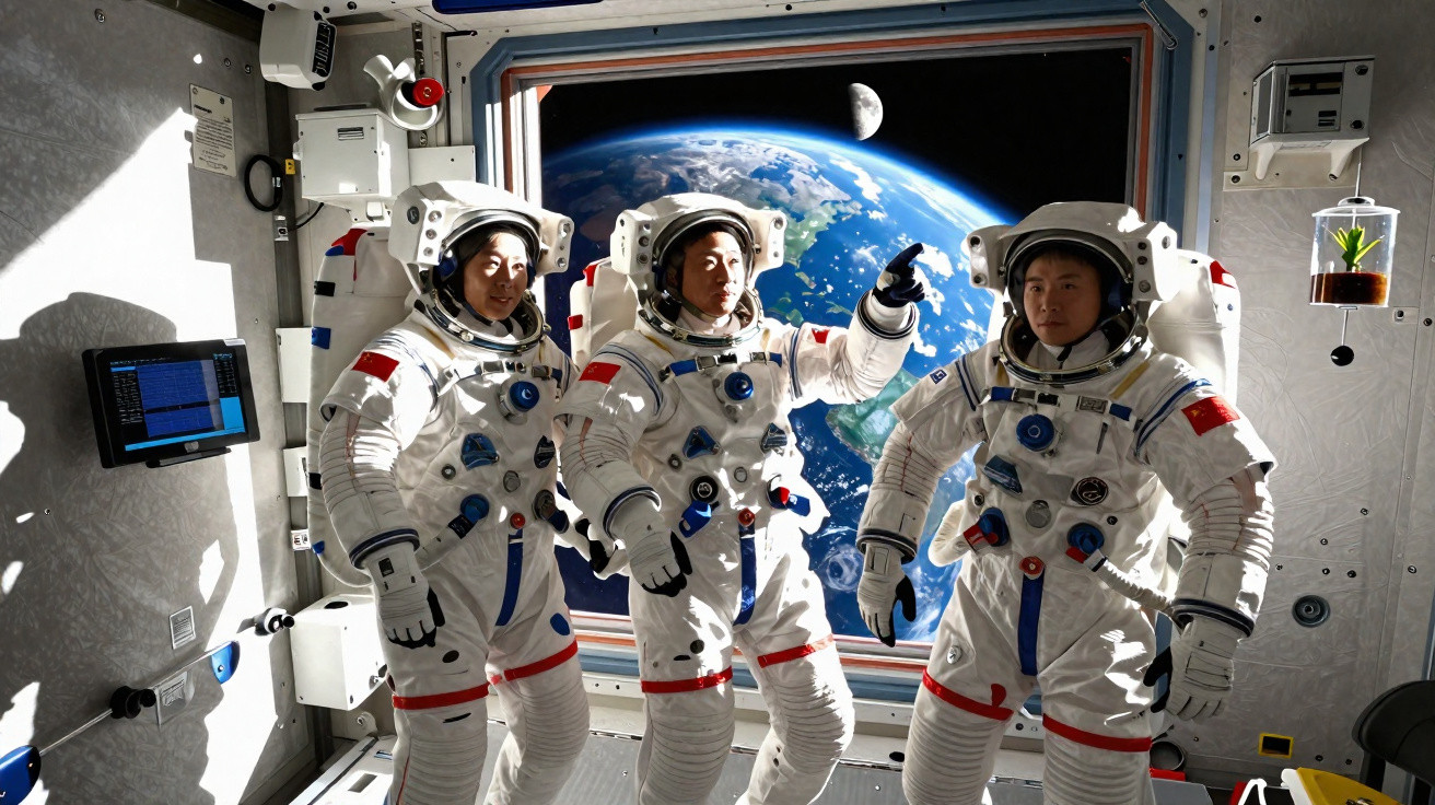 Três astronautas em fato espacial dentro de uma nave com a Terra e a Lua vistas na janela atrás deles.