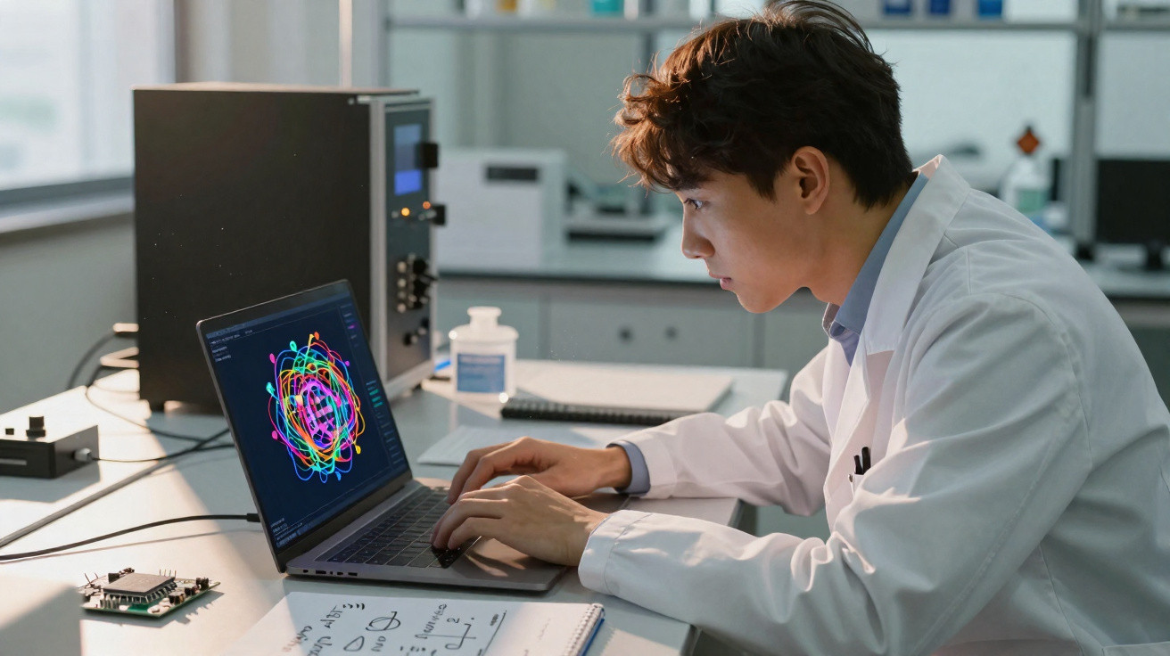 Jovem cientista em laboratório a analisar dados quânticos num computador portátil.