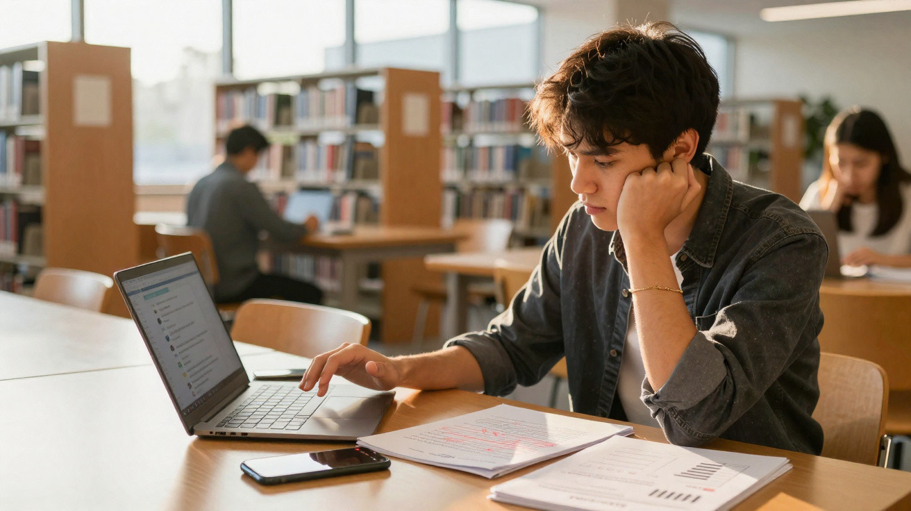 Jovem estudante a estudar com computador portátil e material de estudo numa biblioteca iluminada pelo sol.