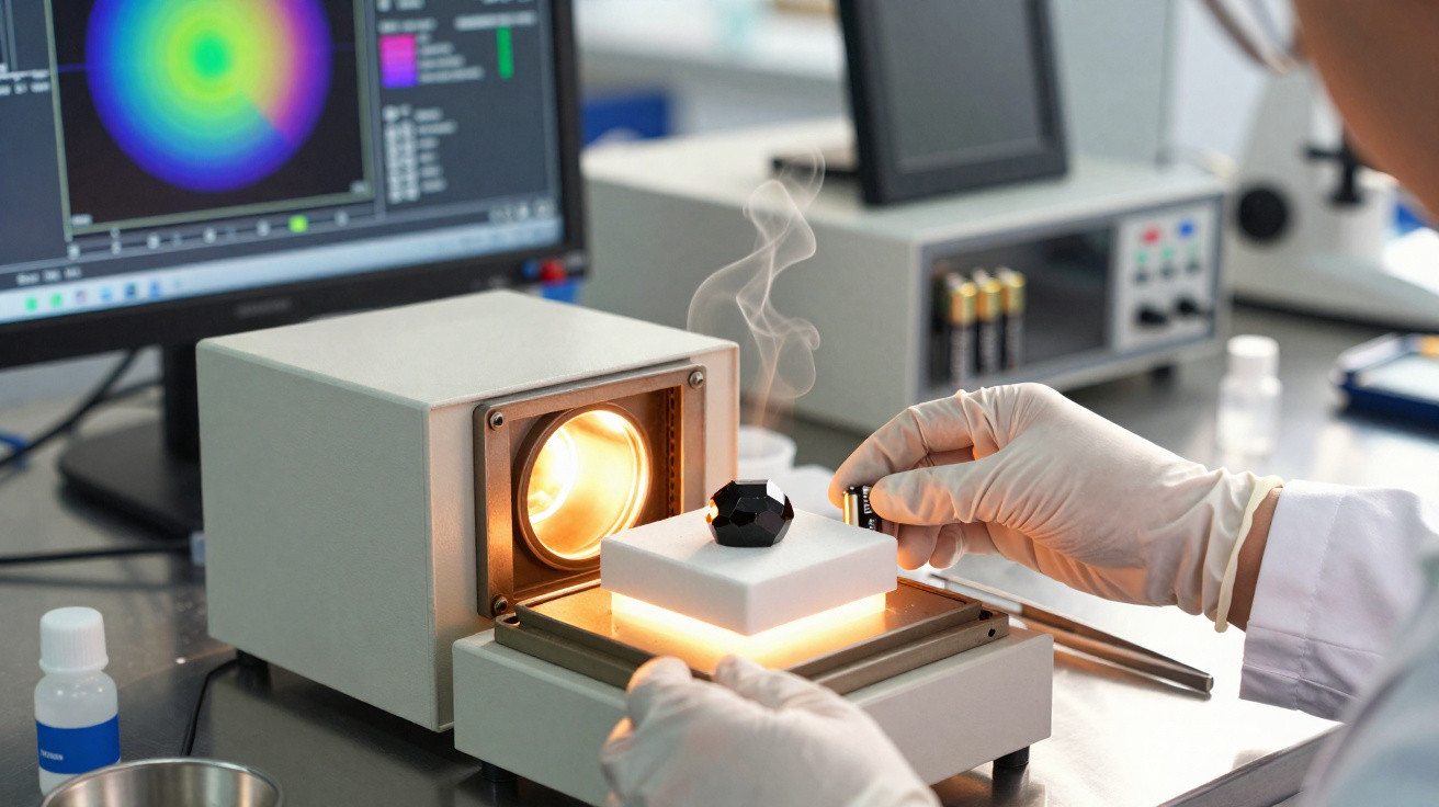Joalheiro a aquecer um diamante numa máquina de laboratório com ecrã e gráficos atrás.