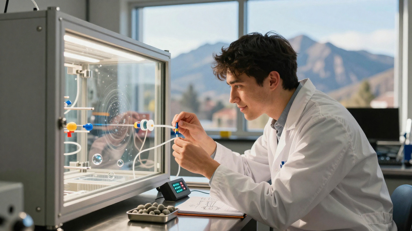 Jovem cientista em bata branca manipula modelo molecular num laboratório com vista para montanhas.