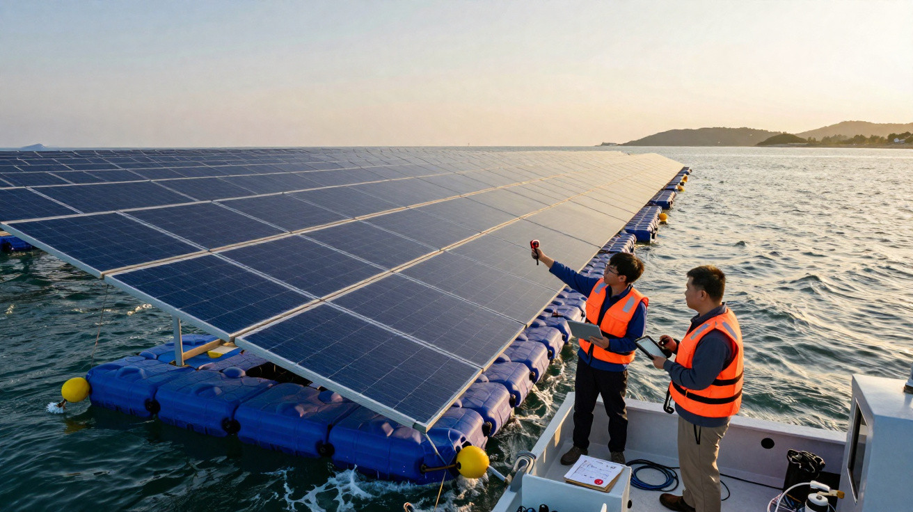 Dois técnicos em coletes de segurança inspecionam painéis solares flutuantes no mar ao pôr do sol.
