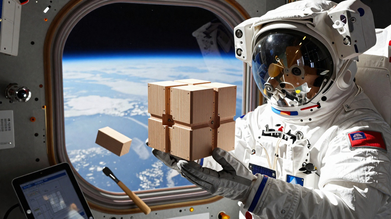 Astronauta na Estação Espacial segurando cubos de madeira flutuando com vista da Terra ao fundo.