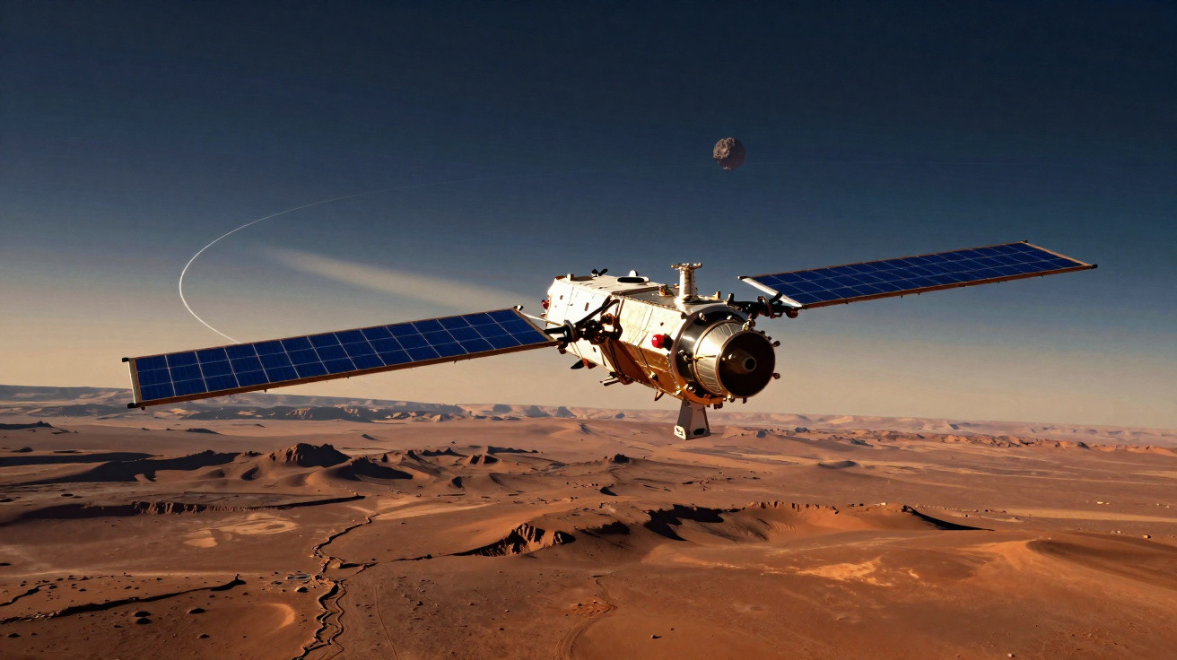 Satélite com painéis solares orbitando o planeta Marte numa paisagem desértica avermelhada.