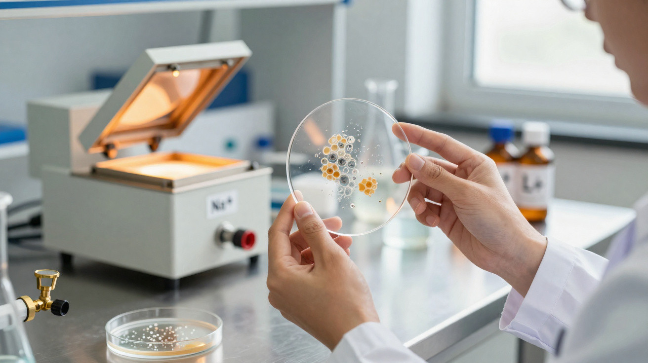 Mãos de cientista seguram placa de Petri com colónias de bactérias em laboratório moderno.