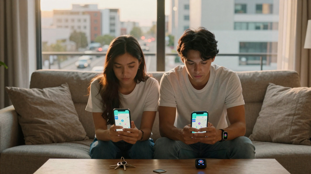 Jovem casal sentado no sofá a olhar para telemóveis com aplicação aberta, mesa com chaves e relógio inteligente à frente.