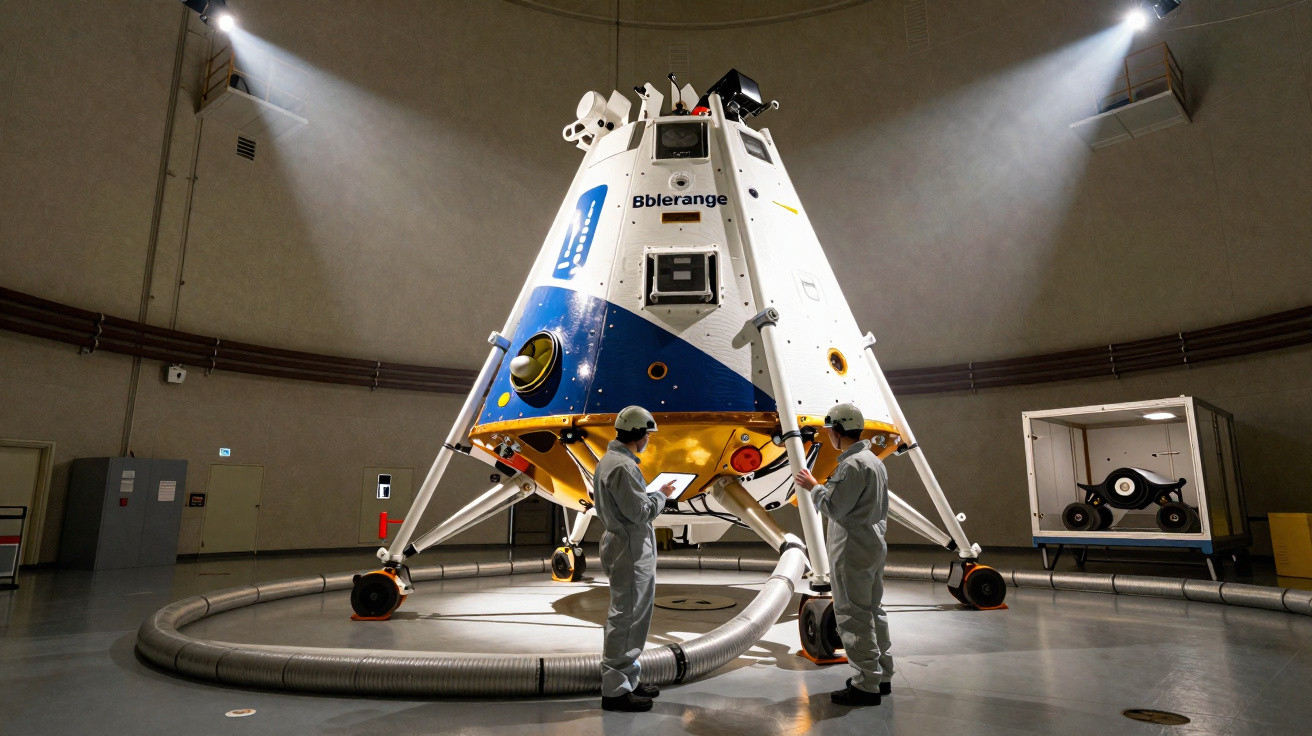Módulo lunar com iluminação focada em ambiente de laboratório, acompanhado por duas pessoas de macacão cinzento.