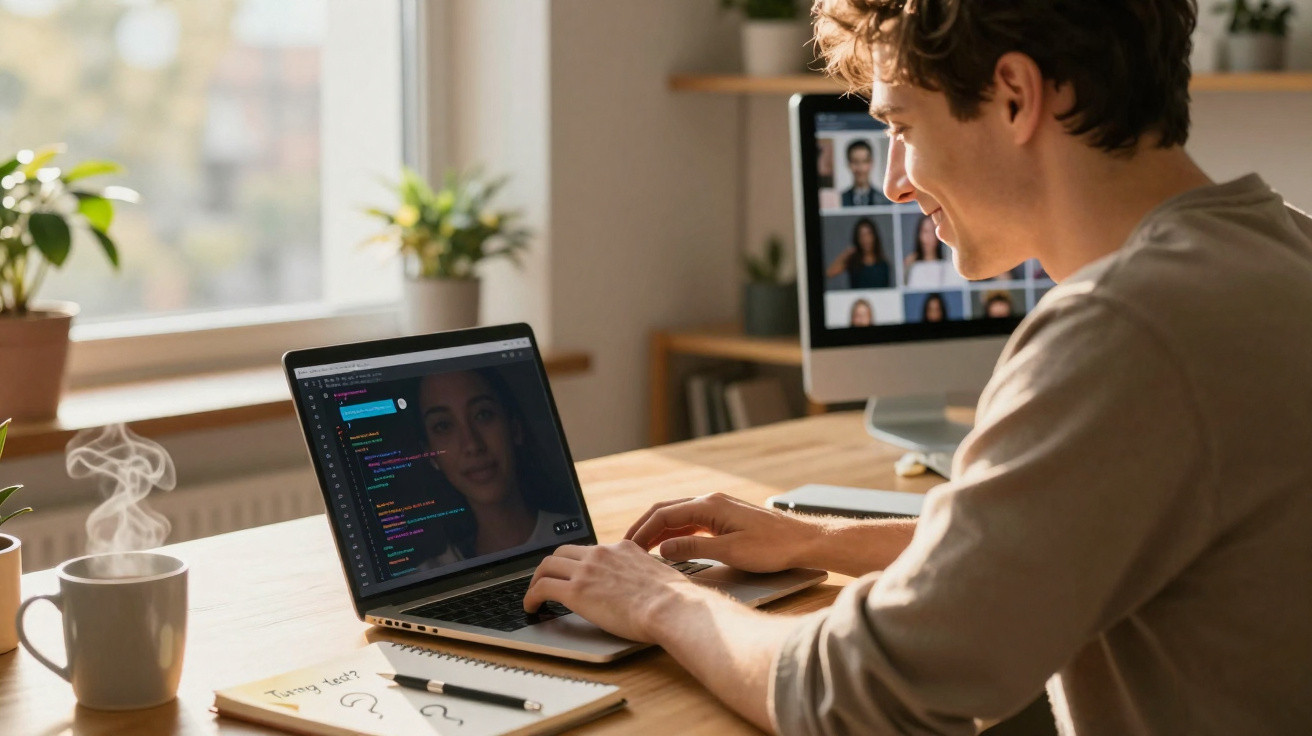 Homem jovem a trabalhar num portátil com videoconferência, café quente e caderno numa mesa de madeira.