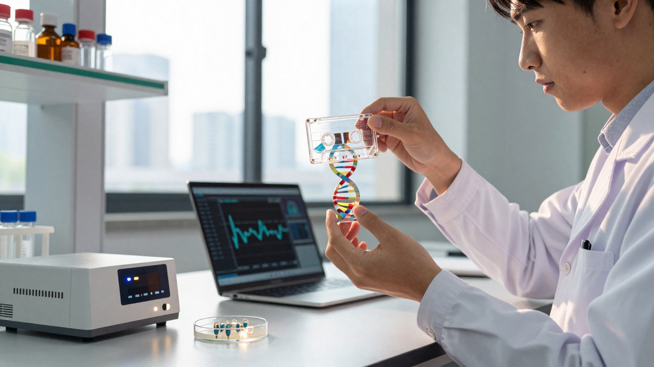 Cientista em laboratório a segurar de um modelo de DNA com cassete e computador com dados ao fundo.